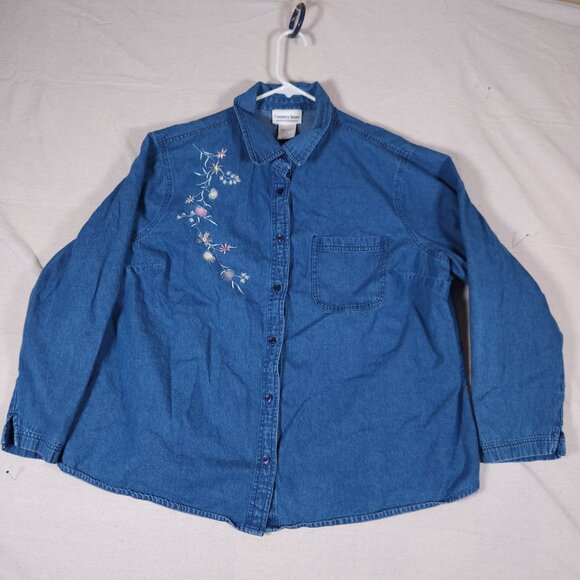 Country Store Floral Embroidered Blue Denim Shirt Womens 2X Long Sleeve Boho - Picture 1 of 16